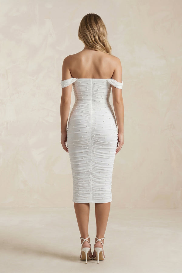 Pearl Off - the - Shoulder Sheath Ruched Midi Wedding Dress in White - KissProm Wedding Dresses