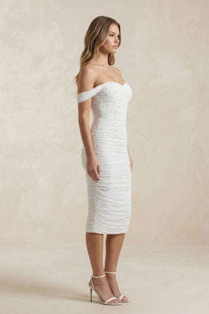 Pearl Off - the - Shoulder Sheath Ruched Midi Wedding Dress in White - KissProm Wedding Dresses