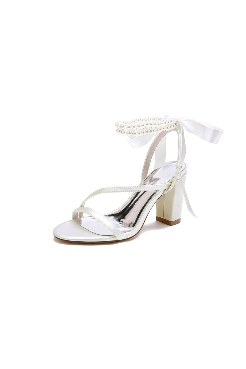Pearl Open Toe Ankle Strap High Heels - KissProm