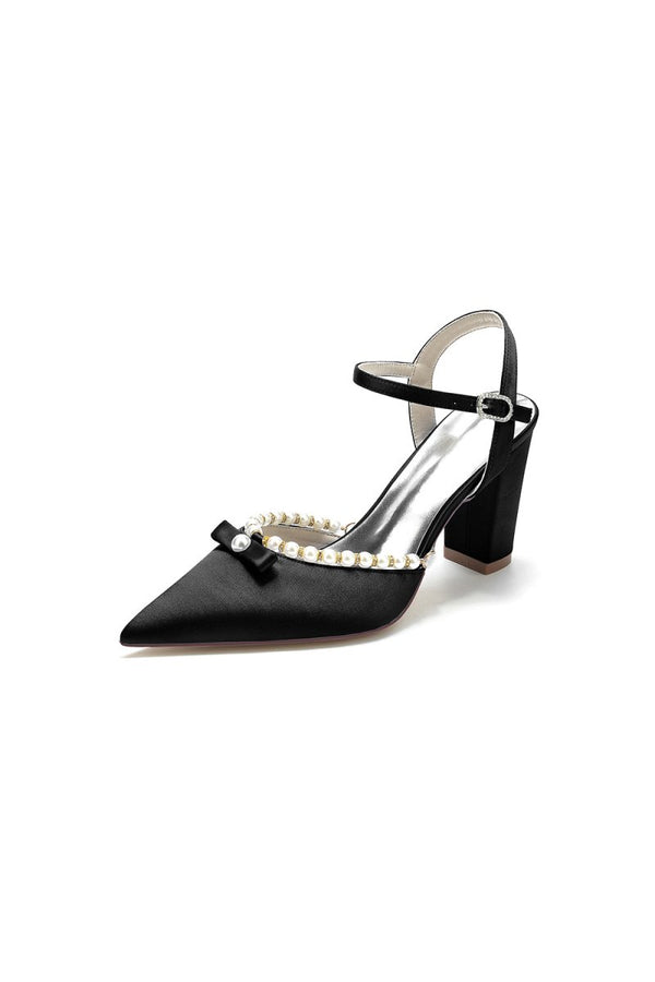 Pearl Pointed Toe Ankle Strap Chunky Heels With Bow - KissProm