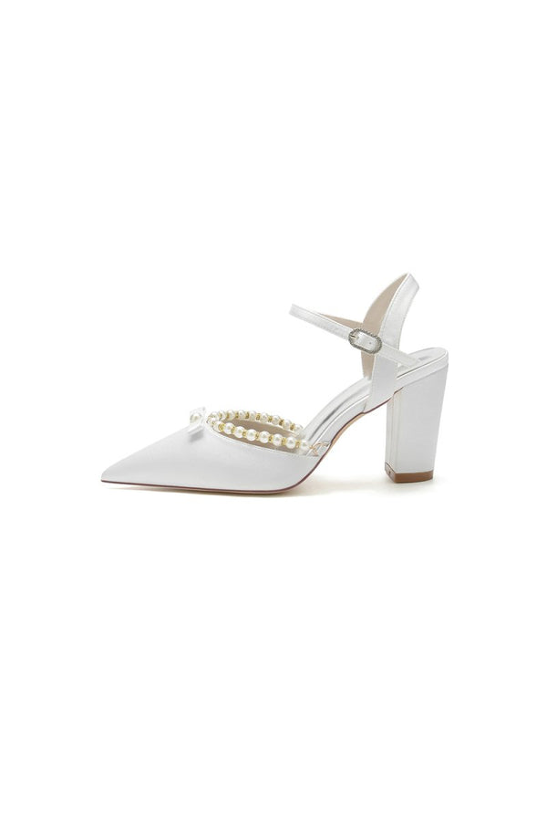 Pearl Pointed Toe Ankle Strap Chunky Heels With Bow - KissProm
