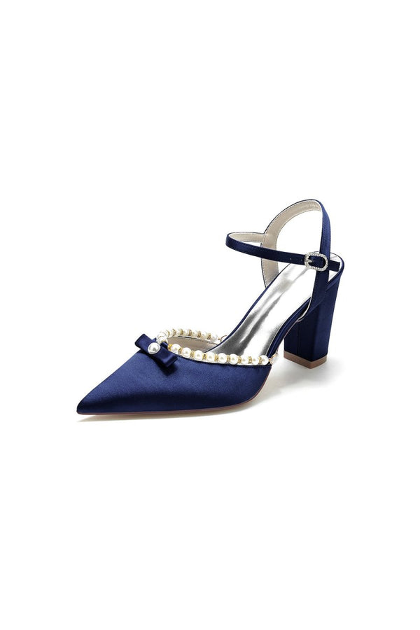 Pearl Pointed Toe Ankle Strap Chunky Heels With Bow - KissProm