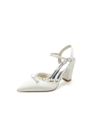 Pearl Pointed Toe Ankle Strap Chunky Heels With Bow - KissProm