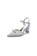 Pearl Pointed Toe Ankle Strap Chunky Heels With Bow - KissProm