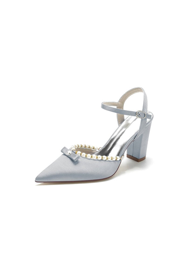 Pearl Pointed Toe Ankle Strap Chunky Heels With Bow - KissProm