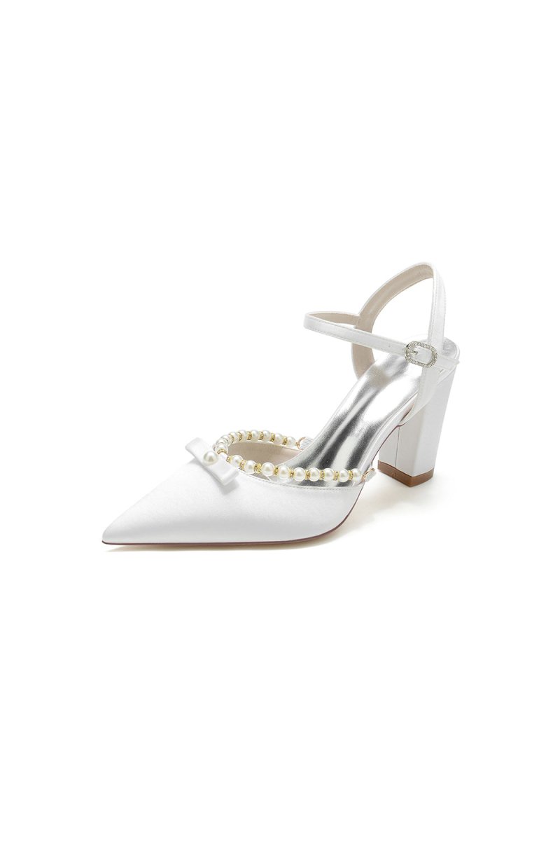 Pearl Pointed Toe Ankle Strap Chunky Heels With Bow - KissProm