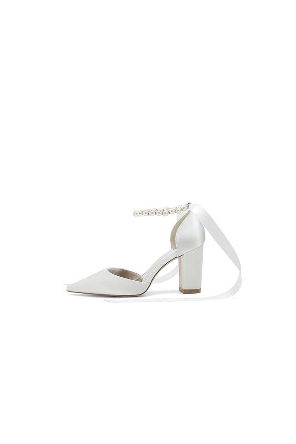 Pearl Ribbon Pointed Toe Ankle Strap Chunky Heel - KissProm