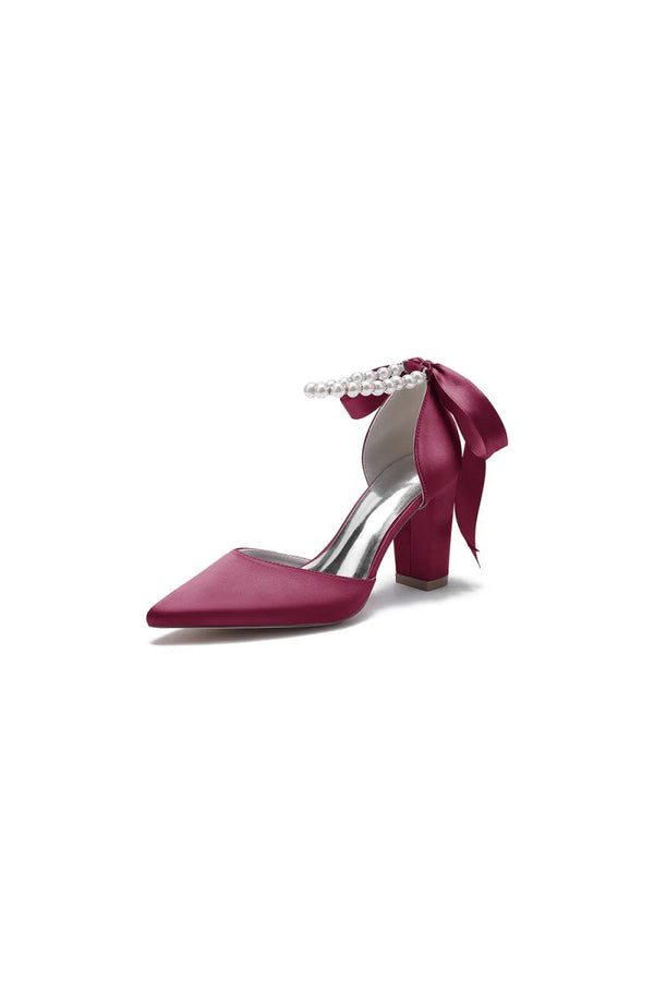 Pearl Ribbon Pointed Toe Ankle Strap Chunky Heel - KissProm