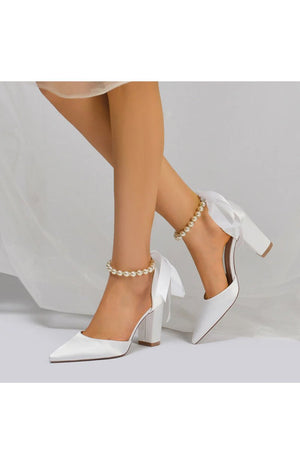Pearl Ribbon Pointed Toe Ankle Strap Chunky Heel - KissProm