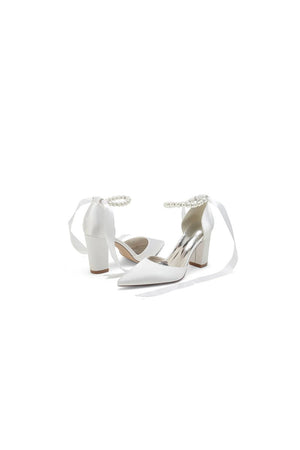 Pearl Ribbon Pointed Toe Ankle Strap Chunky Heel - KissProm