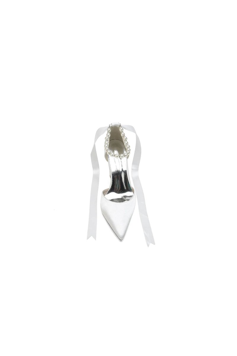 Pearl Ribbon Pointed Toe Ankle Strap Chunky Heel - KissProm