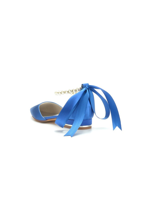 Pearl Ribbon Pointed Toe Ankle Strap Kitten Heels - KissProm