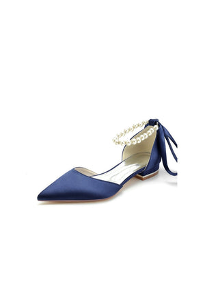 Pearl Ribbon Pointed Toe Ankle Strap Kitten Heels - KissProm