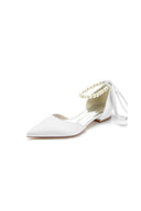 Pearl Ribbon Pointed Toe Ankle Strap Kitten Heels - KissProm