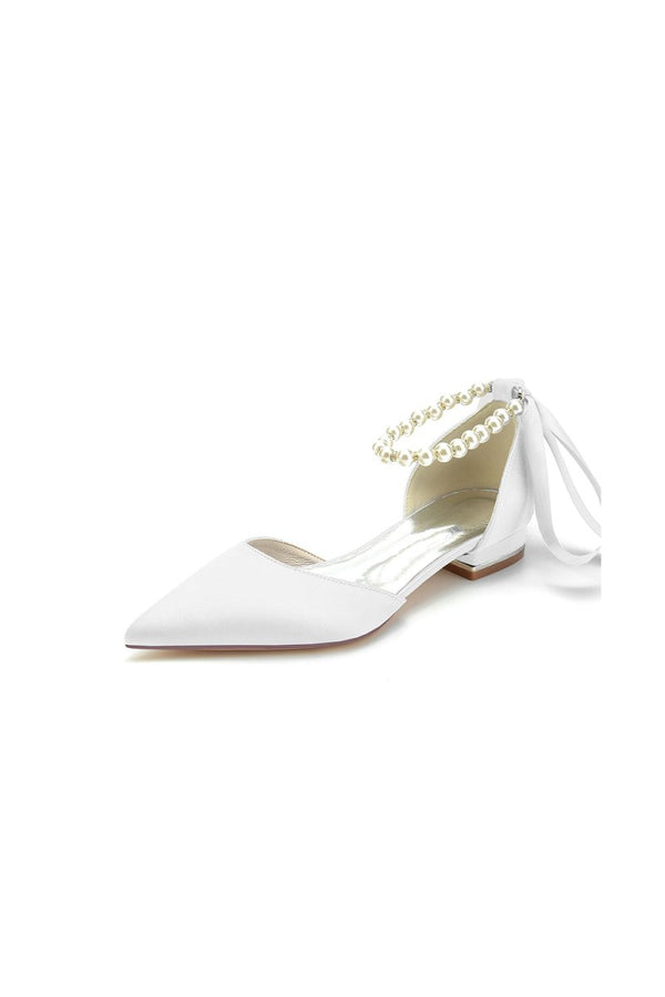 Pearl Ribbon Pointed Toe Ankle Strap Kitten Heels - KissProm
