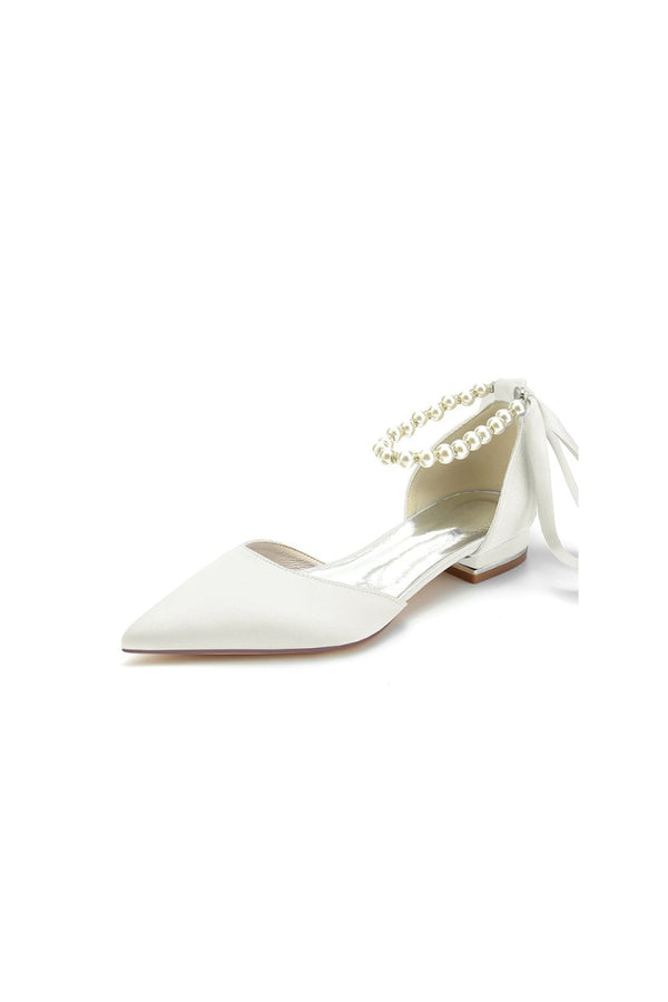Pearl Ribbon Pointed Toe Ankle Strap Kitten Heels - KissProm