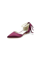 Pearl Ribbon Pointed Toe Ankle Strap Kitten Heels - KissProm