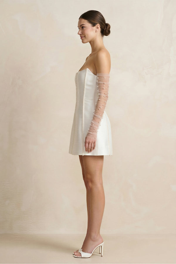 Pearl Satin Sheath Strapless Wedding Dress in White - KissProm Wedding Dresses