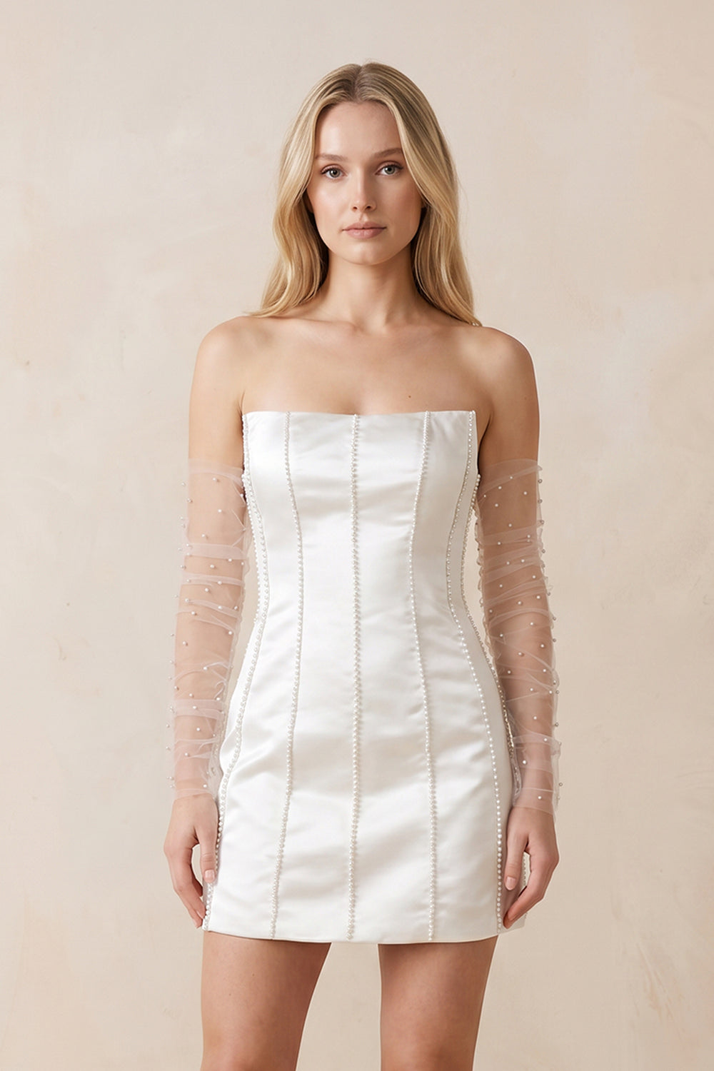 Pearl Satin Sheath Strapless Wedding Dress in White - KissProm Wedding Dresses