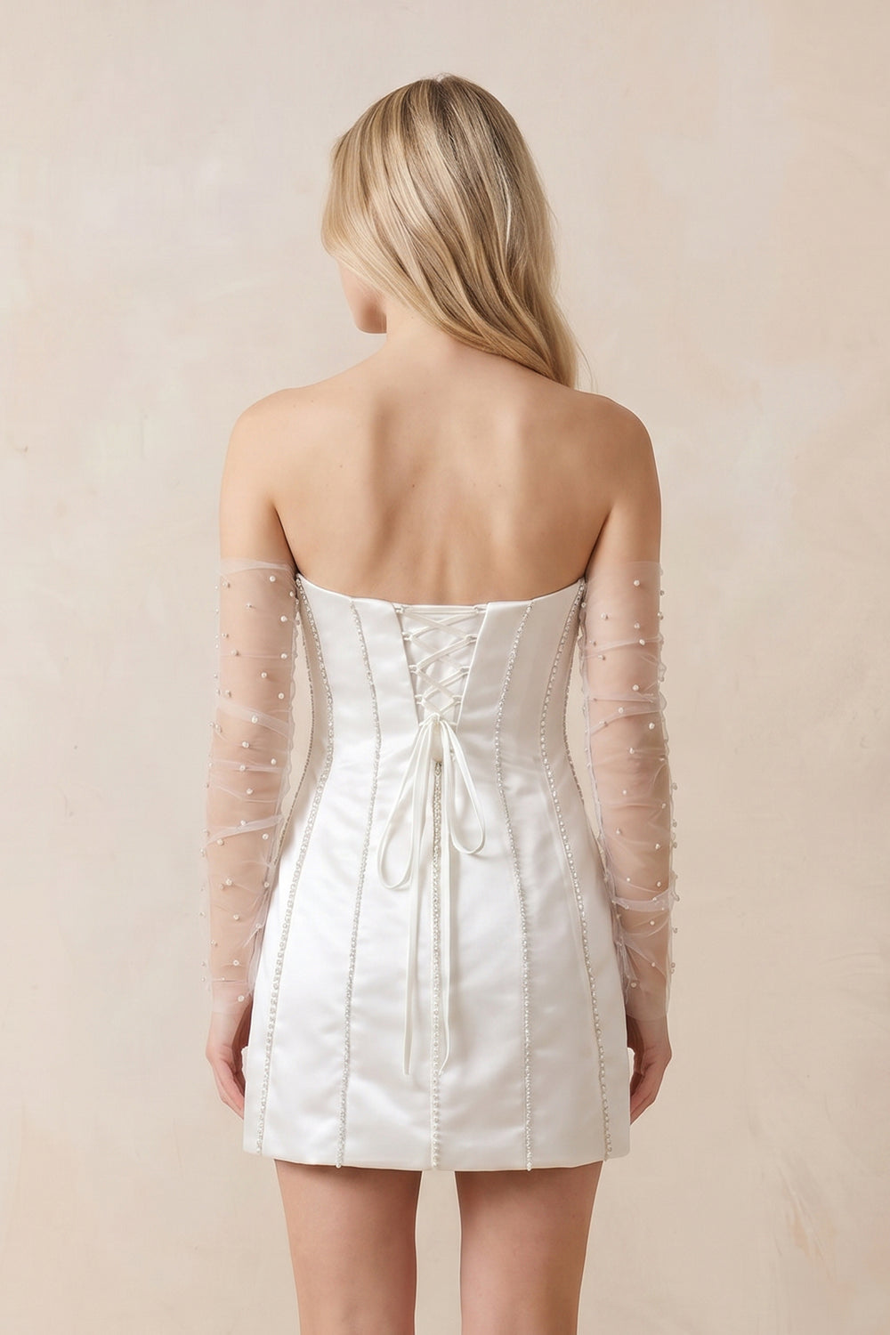 Pearl Satin Sheath Strapless Wedding Dress in White - KissProm Wedding Dresses
