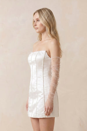 Pearl Satin Sheath Strapless Wedding Dress in White - KissProm Wedding Dresses