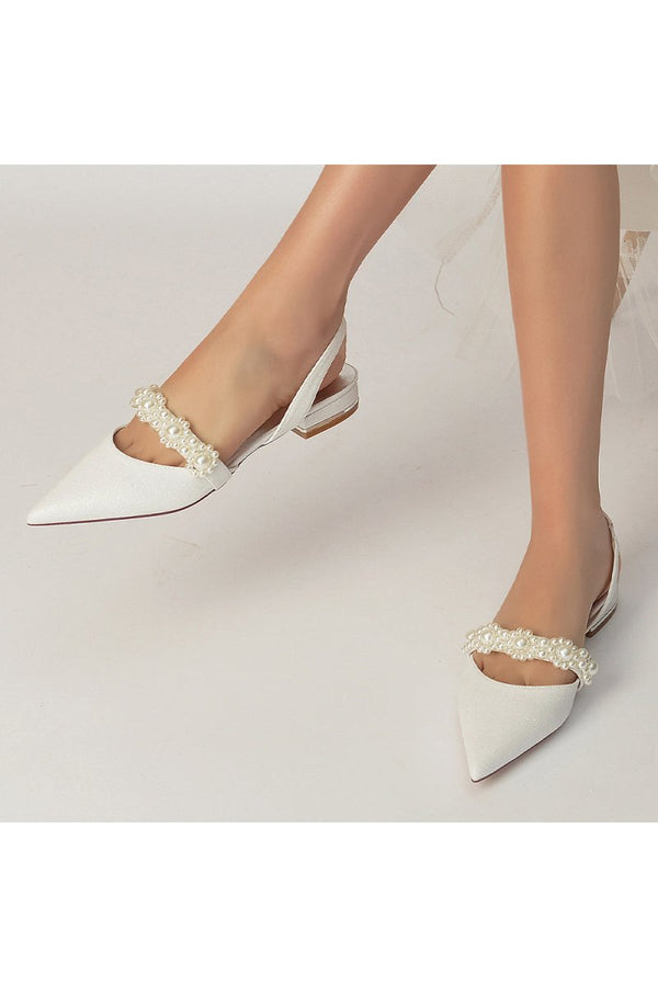 Pearl Strap Slingback Sequin Pointed Toe Flats - KissProm