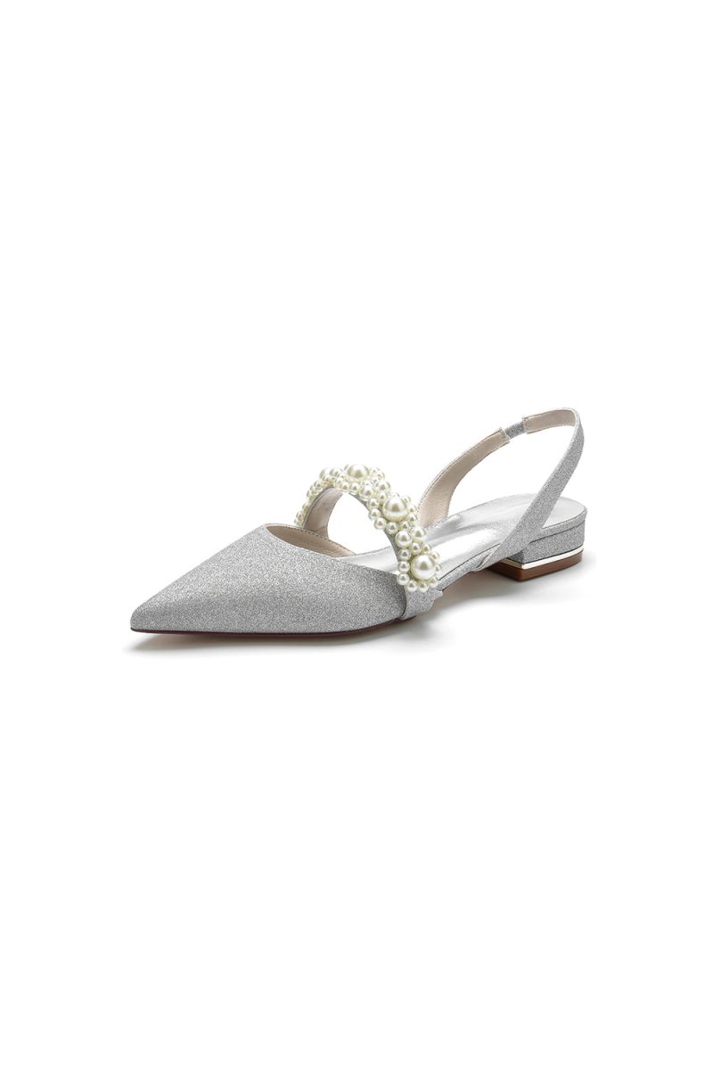 Pearl Strap Slingback Sequin Pointed Toe Flats - KissProm