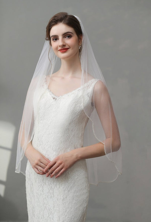 Prom Veil Vintage Pearls Ivory With Beaded Scalloped Bridal Veil Wedding Veil