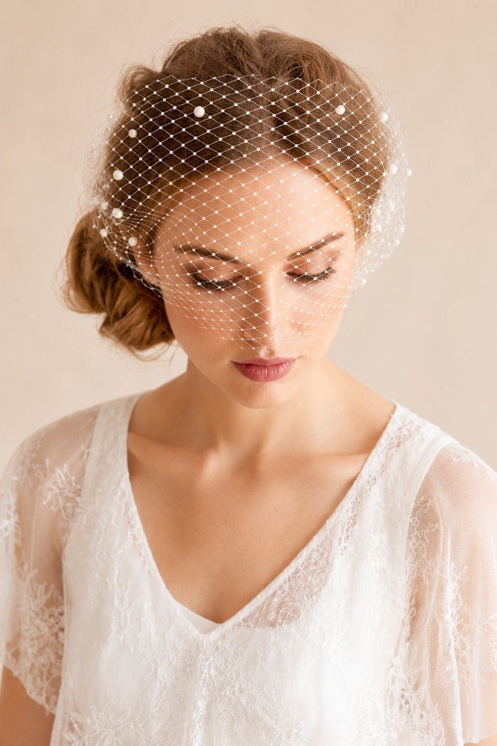 Pearls Vintage Mesh Birdcage Wedding Veils in Ivory - KissProm Wedding Veils
