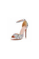 Peep Toe Big colored rhinestones Ankle Strap Stiletto Heels - KissProm