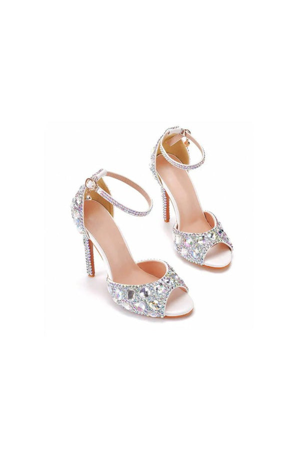 Peep Toe Big colored rhinestones Ankle Strap Stiletto Heels - KissProm