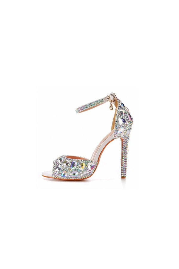 Peep Toe Big colored rhinestones Ankle Strap Stiletto Heels - KissProm