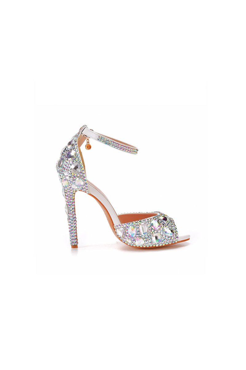 Peep Toe Big colored rhinestones Ankle Strap Stiletto Heels - KissProm
