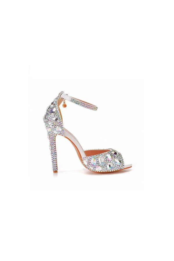 Peep Toe Big colored rhinestones Ankle Strap Stiletto Heels - KissProm