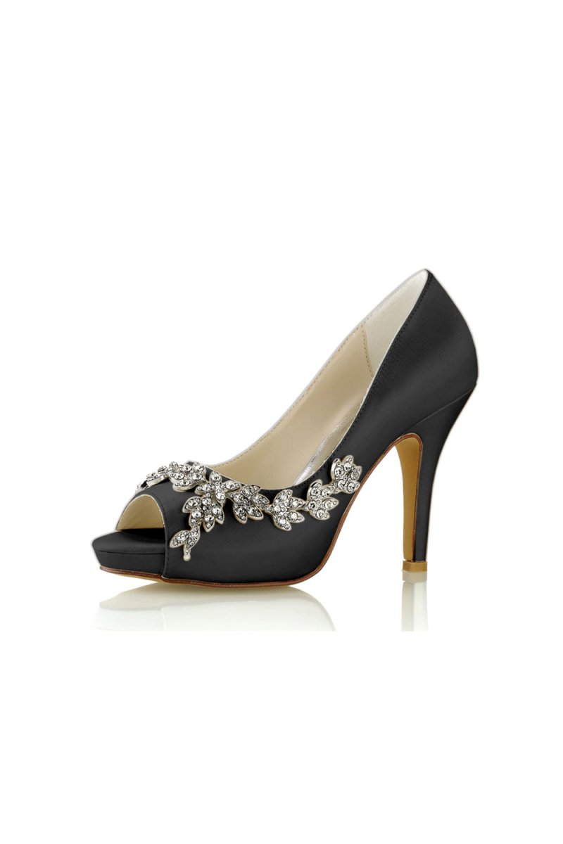 Peep Toe Block Heels With Rhinestone Flower - KissProm