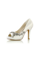 Peep Toe Block Heels With Rhinestone Flower - KissProm