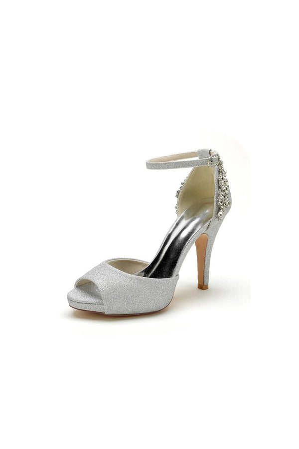 Peep Toe Chunky Heel Rhinestone Embellished - KissProm