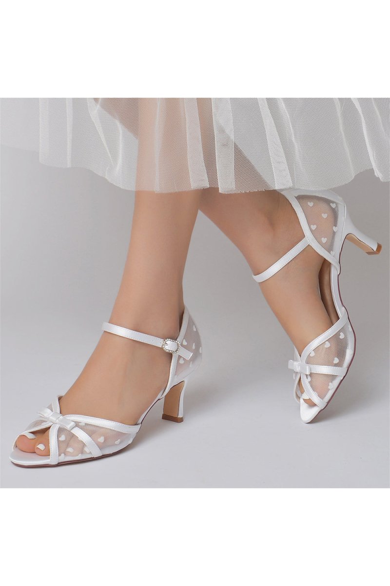 Peep Toe Mesh Strap Buckle Stiletto Heels With Bow - KissProm