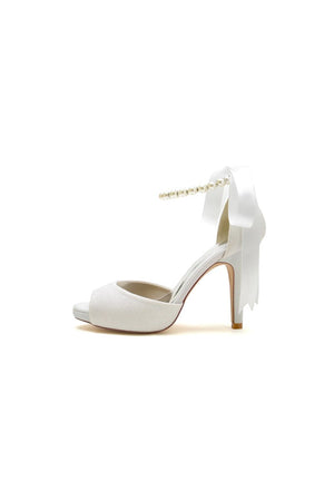 Peep Toe Pearl Strap Ribborn Wedding - KissProm