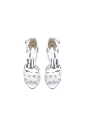 Peep Toe Rhinestone Chunky Heel Pumps with Flower - KissProm