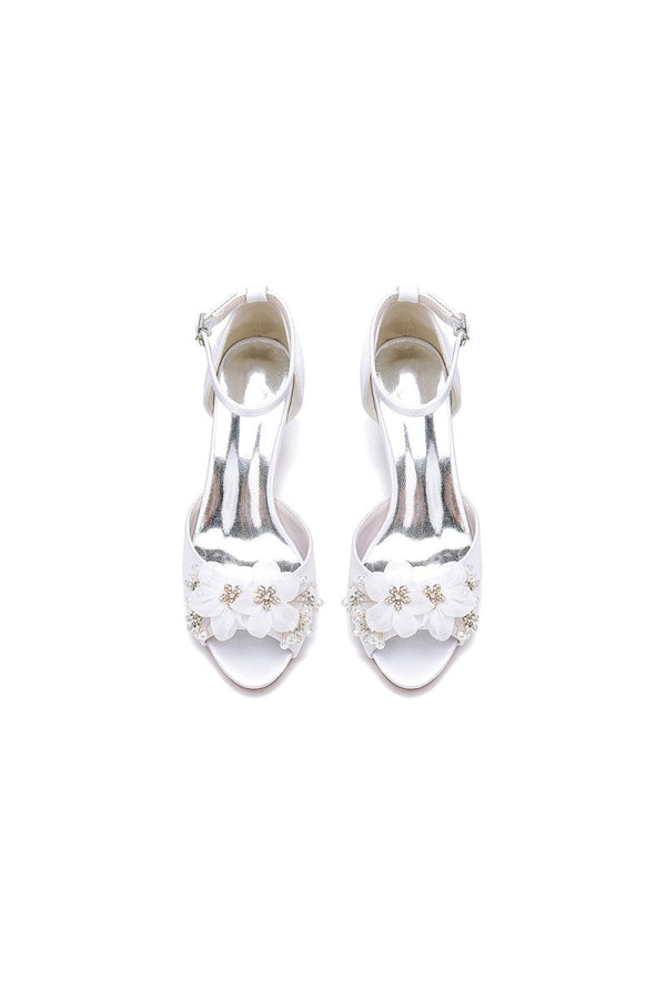 Peep Toe Rhinestone Chunky Heel Pumps with Flower - KissProm