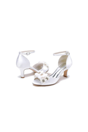 Peep Toe Rhinestone Chunky Heel Pumps with Flower - KissProm