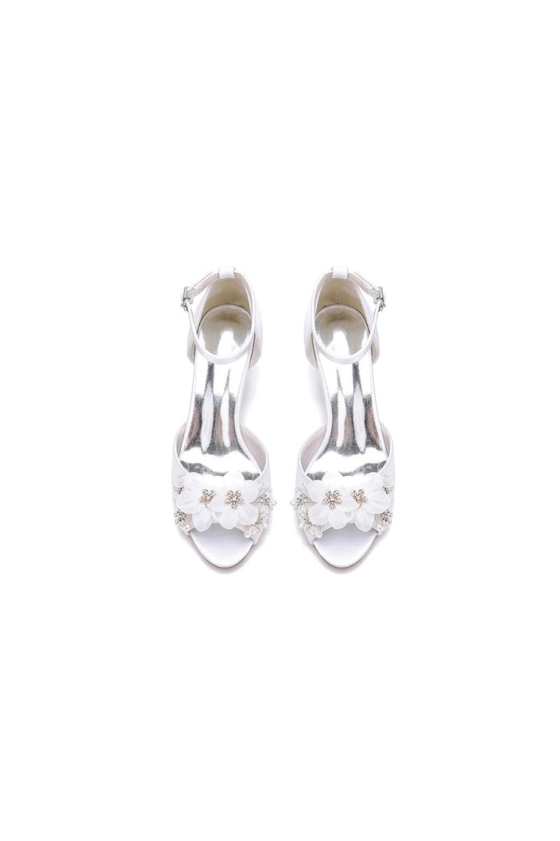 Peep Toe Rhinestone Chunky Heel Pumps with Flower - KissProm