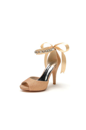 Peep Toe Rhinestone Strap Ribborn Tie - KissProm