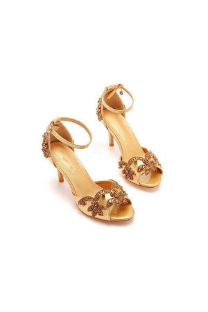 Peep Toe Satin Rhinestone Ankle Strap High Heels - KissProm