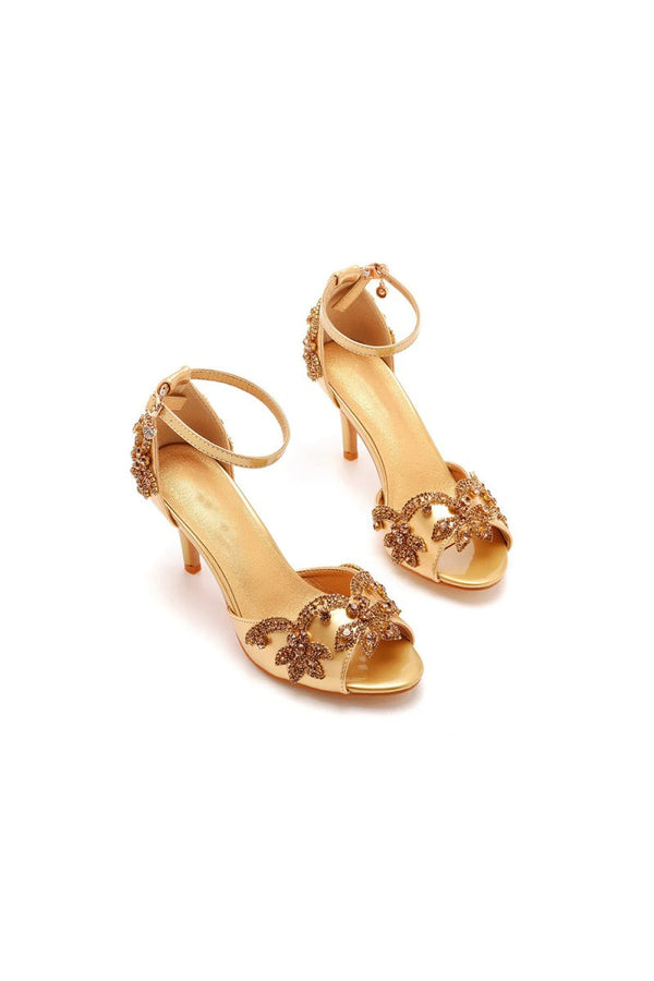 Peep Toe Satin Rhinestone Ankle Strap High Heels - KissProm