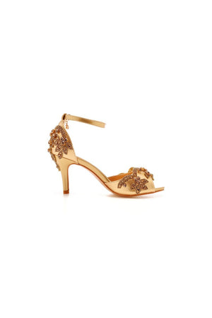 Peep Toe Satin Rhinestone Ankle Strap High Heels - KissProm