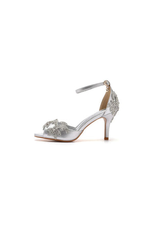 Peep Toe Satin Rhinestone Ankle Strap High Heels - KissProm