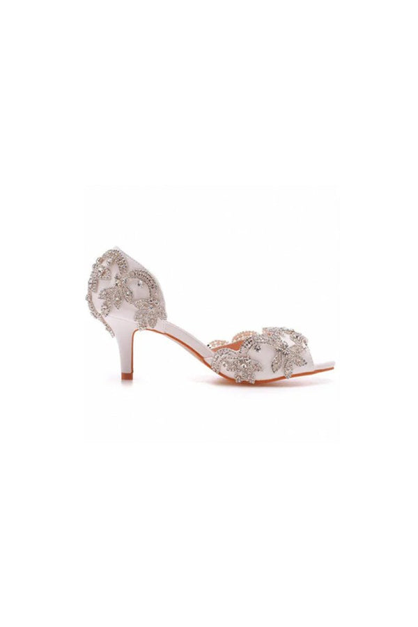 Peep Toe Satin Rhinestone Slip On High Heels - KissProm