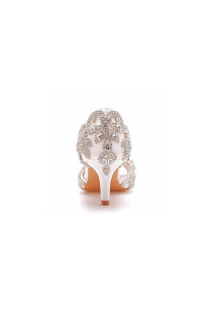 Peep Toe Satin Rhinestone Slip On High Heels - KissProm